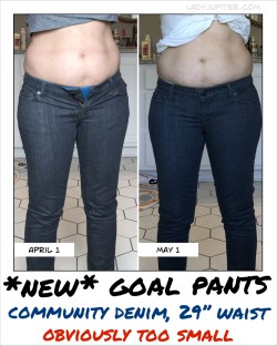 What a difference one month makes! New Goal Pants zip & button, but still hilariously small.