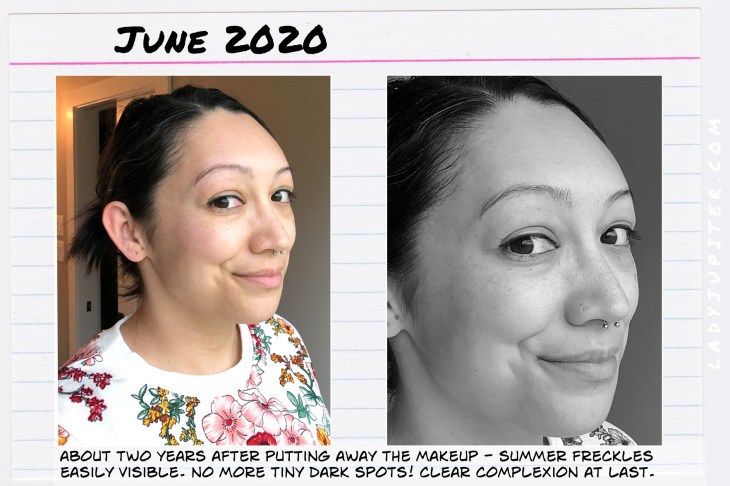 And now. Makeup-free for about two years. No makeup = no pimples. New focus is serious daily moisture and I love it. #happyface #nomakeup