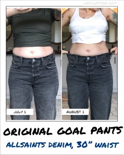Trying on Goal Pants again - I'm back on track this month and used July to shrink a little bit. #IntermittentFasting #GoalPants #SlowAndSteady