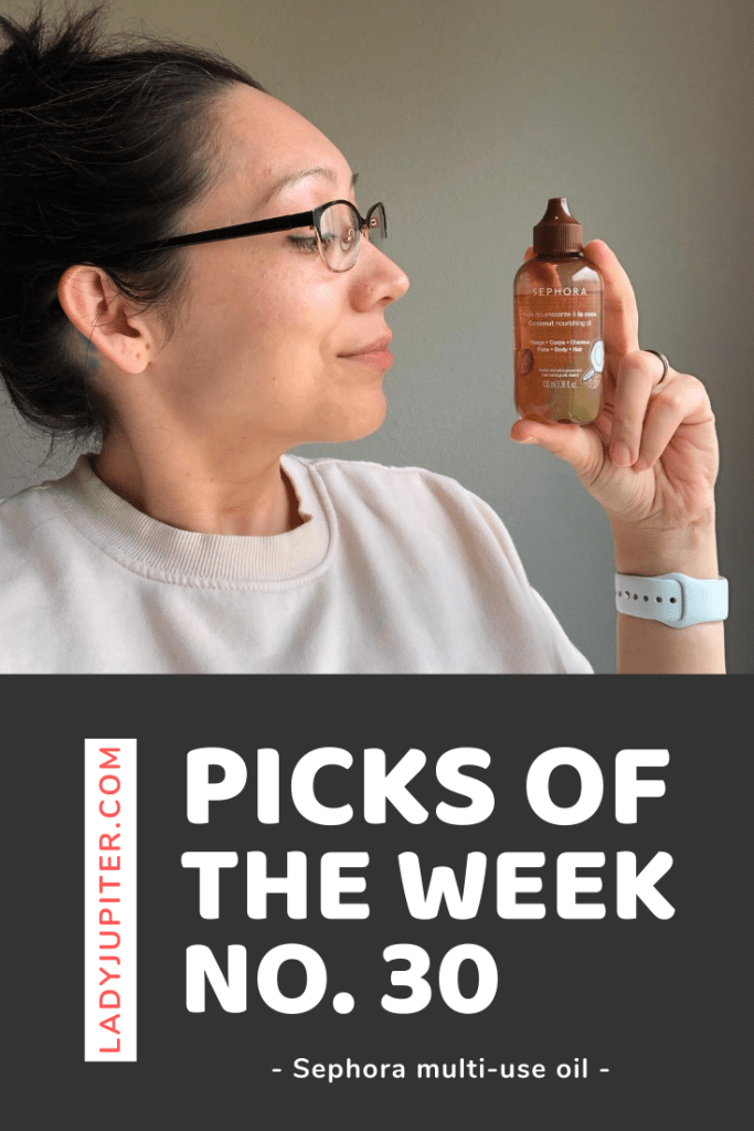 Picks of the Week No. 30, just sharing my love of Sephora's multi-use oil. Also, enjoy this makeup-less non-touched up photo! #healthyskin #mid30s