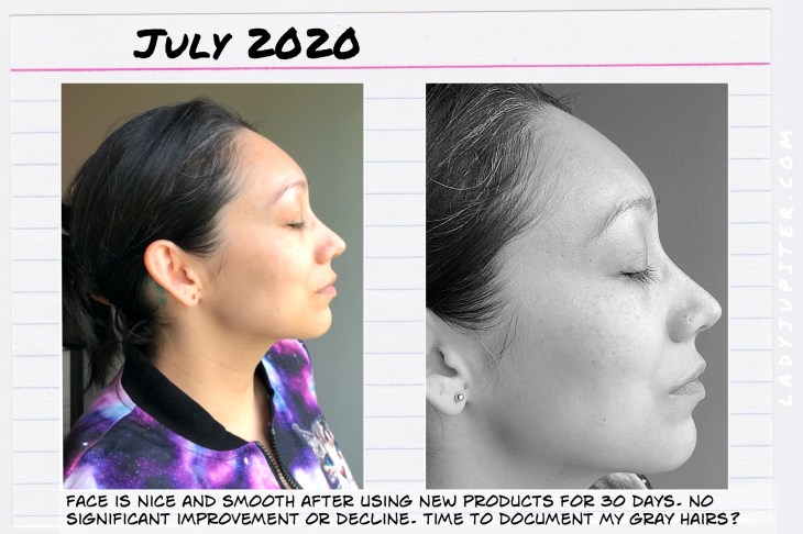 After 30 days of changing my skincare routine - skin is happy and smooth, otherwise the same (but happy!). #beforeandafter #progressphotos #myface #grayhairs