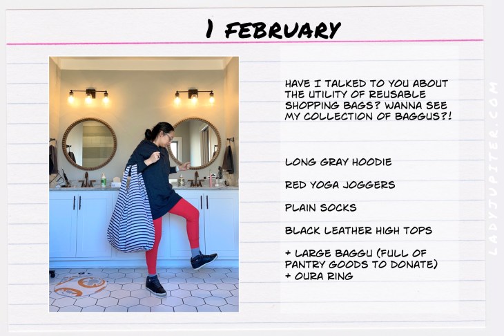 Winter Outfits of the Day. #OOTD #January #MomOutfits #LadyJupiter #RedPants #Baggu