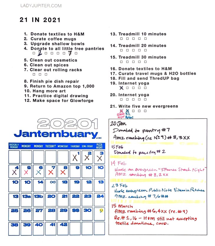 21 in 2021 - a year's worth of little goals. Written and completed in real time. Tiny progress is happening 🦅! #21in21 #21in2021 #NewYearOldMe #LadyJupiter