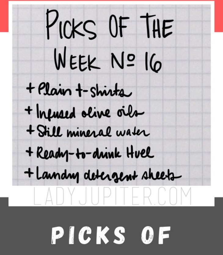 Week № 16! Today I'm talking about plain t-shirts, infused olive oils, mineral water, Huel, and laundry detergent sheets that are perfect for those long work trips.