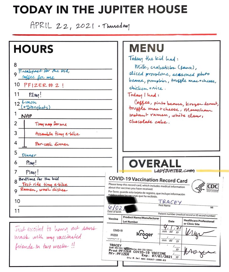 April 22, the day I got my second COVID-19 jab and had a good easy day. Excited to write later about the tiny e-bike. #LadyJupiter #today #April22 #SecondPfizer