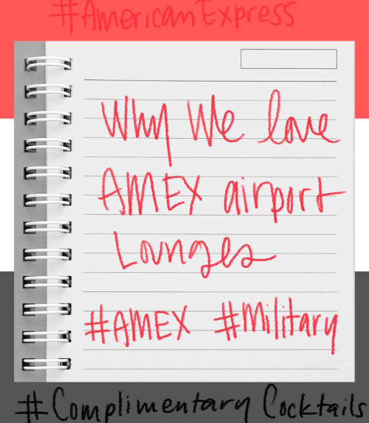 Why we love AMEX airport lounges! Is if the cost? the cocktail pricing, or locations? Click on to read more. #AMEX #MilitaryFamilies #MilFam