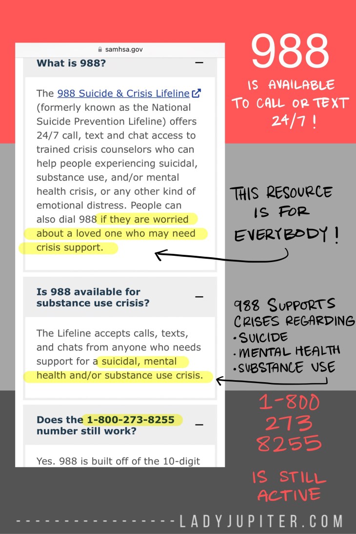 USA callers have a new resource! 988 is available if you or a loved one is in crisis and needs to talk to someone. #Resources #SharingIsCaring #LadyJupiter #Updates #988