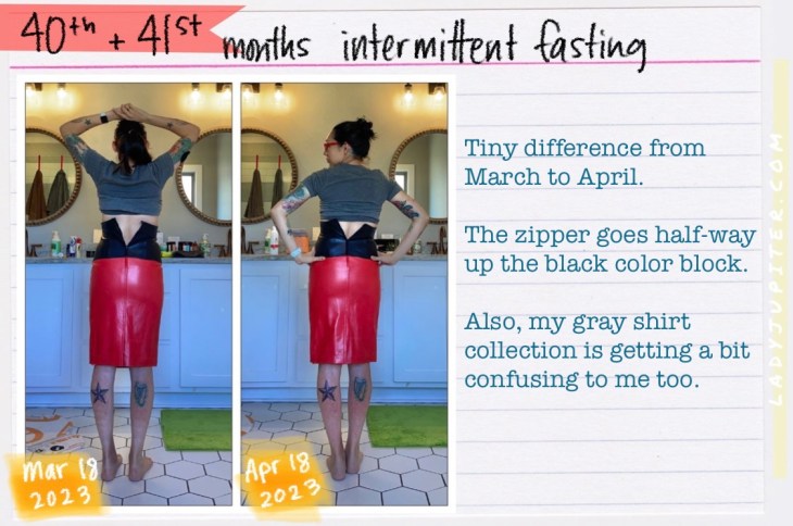 I've been intermittent fasting for 50 months, and I'm here to show the world that it is a sustainable lifestyle. Really; skipping breakfast and not snacking is no hardship. #IntermittentFasting #IFlife #40thMonth #41stMonth #EscadaLeather #Shrinking