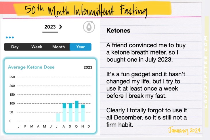 I've been intermittent fasting for 50 months, and I'm here to show the world that it is a sustainable lifestyle. Really; skipping breakfast and not snacking is no hardship. #IntermittentFasting #IFlife #Ketones #Biosense